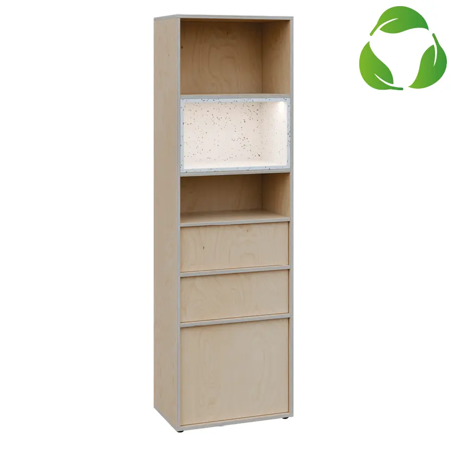 EFE V643 kancelářská skříň, 3-zásuvková/3 niky, 2000x600x400, překližka bříza/upcyklovaný plast